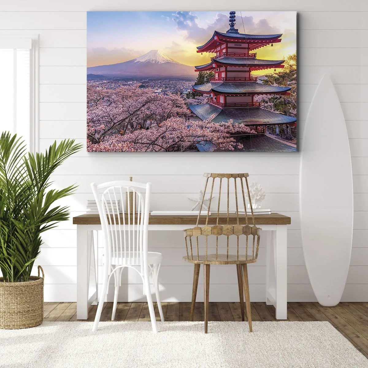 Tablou pe pânză Canvas - O pagodă în Japonia cu flori de cireș și Muntele Fuji - 70x50cm - Esența spiritului japonez - Decorațiune modernă pentru perete pentru living și dormitor ARTTOR