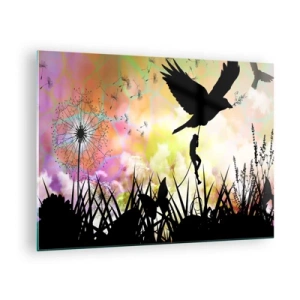 Tablou pe sticlă - Ilustrație a unei figuri care se cațără pe o pasăre pe un fundal de flori colorate. - 70x50cm - Într-o atmosferă de basm - Decorațiune modernă pentru perete pentru living și dormitor ARTTOR