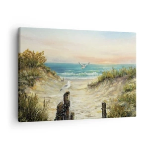 Tablou pe pânză Canvas - Coastă cu pescăruși și dune la apus - 70x50cm - Retragere fără vânt - Decorațiune modernă pentru perete pentru living și dormitor ARTTOR