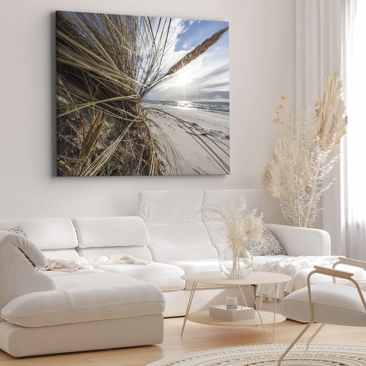 Tablou pe pânză Canvas - O plajă cu iarbă uscată pe dune și vedere la mare - 70x50cm - O întâlnire a elementelor - Decorațiune modernă pentru perete pentru living și dormitor ARTTOR