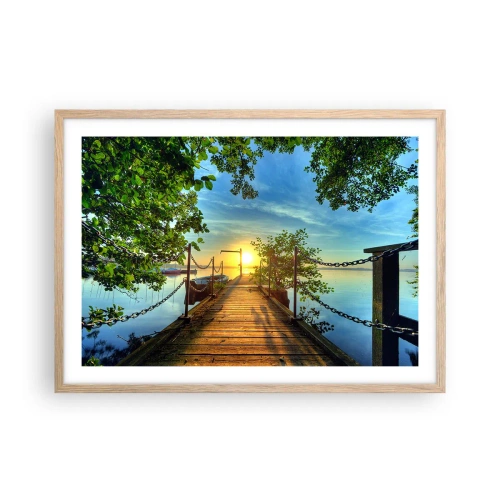 Poster în ramă de stejar deschis - Apusul la malul apei - 70x50 cm