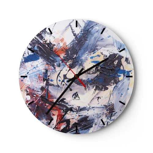 Ceas de perete - Ceas pe sticlă - Pensule abstracte în culori dinamice - 30x30cm - Dansul nebun al abstracției - Decorațiune modernă pentru perete pentru living, bucătărie și dormitor ARTTOR