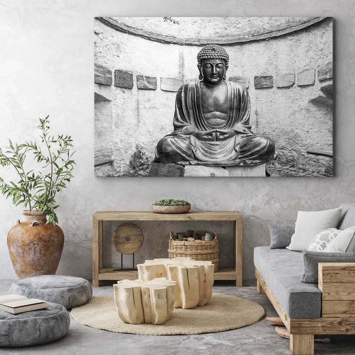 Tablou pe pânză Canvas - Statuie a lui Buddha în alb și negru într-o poză meditativă - 70x50cm - La sursa păcii - Decorațiune modernă pentru perete pentru living și dormitor ARTTOR