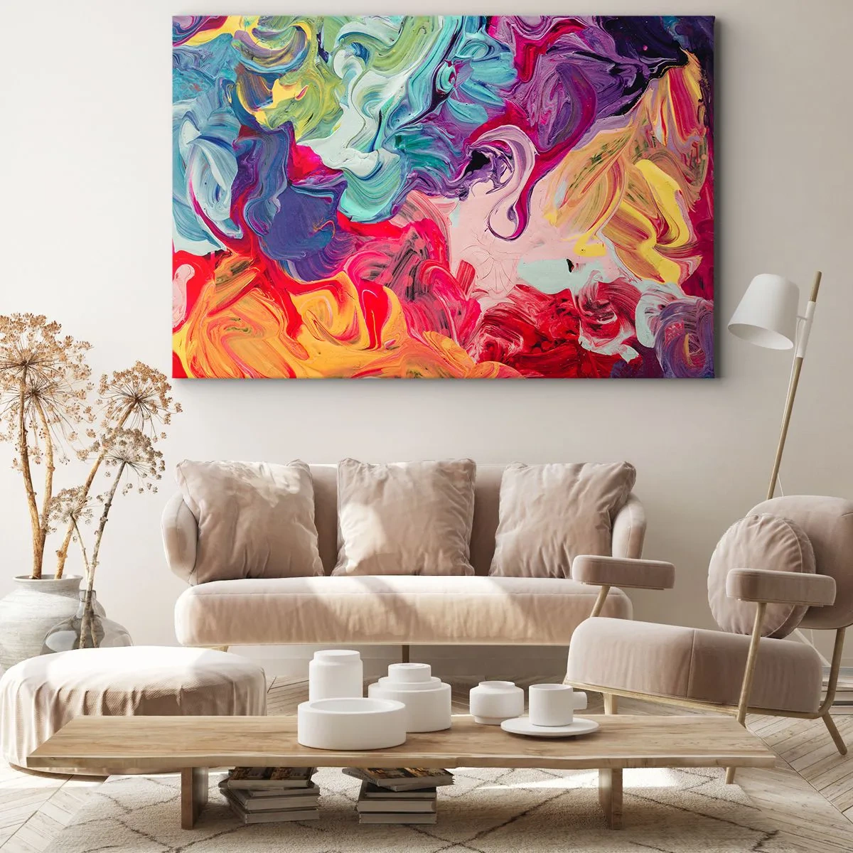 Tablou pe pânză Canvas - O compoziție abstractă cu culori vibrante, învolburate și o structură dinamică. - 70x50cm - Nașterea culorii - Decorațiune modernă pentru perete pentru living și dormitor ARTTOR