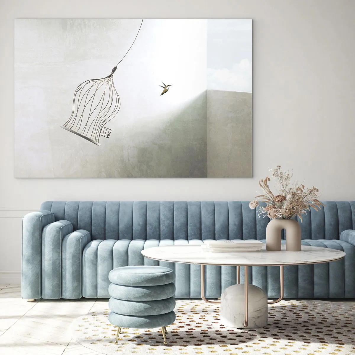Tablou pe sticlă - O cușcă deschisă și o colibri zboară în lumina zilei - 70x50cm - Eliberat - Decorațiune modernă pentru perete pentru living și dormitor ARTTOR