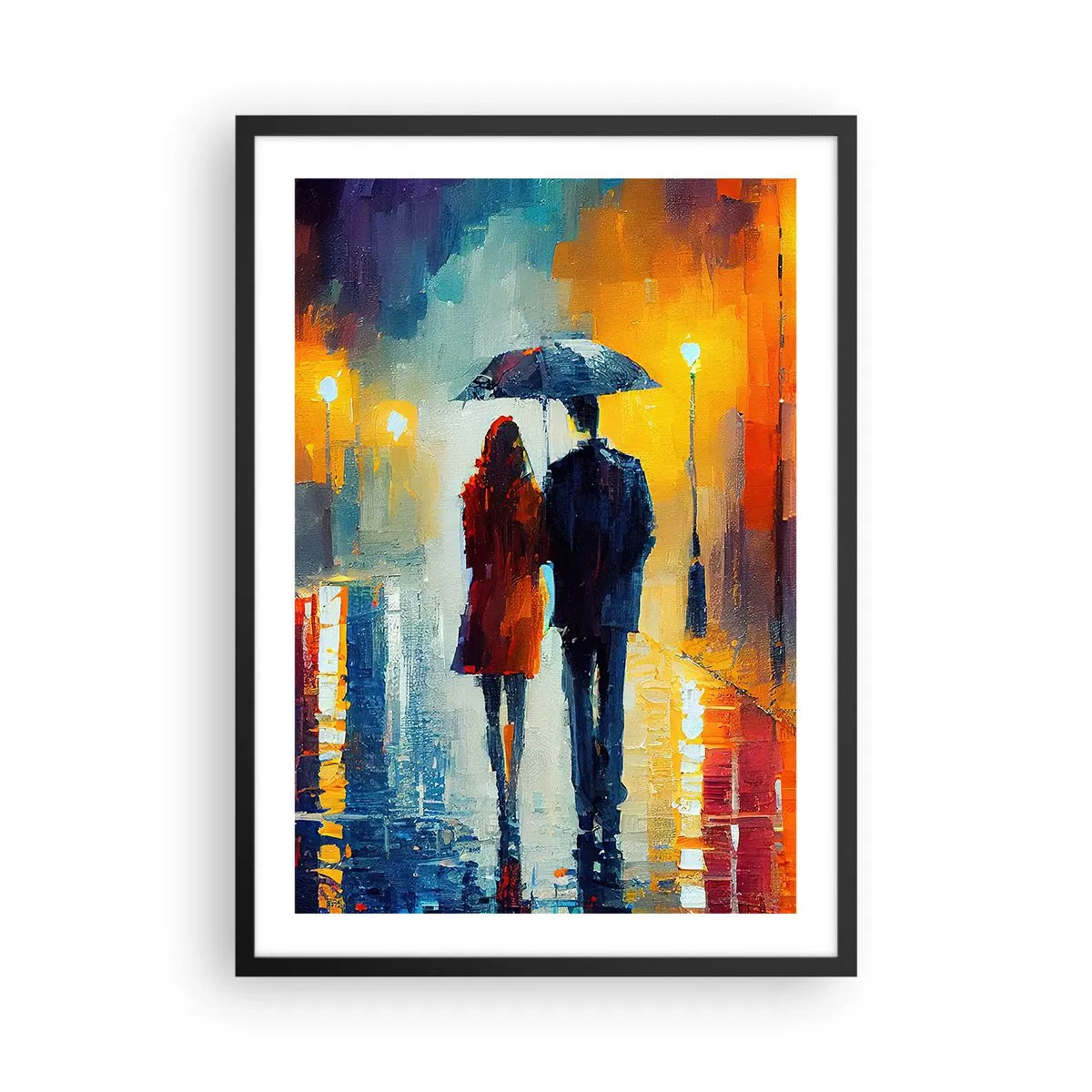 Poster în ramă neagră - Un cuplu cu o umbrelă în ploaie, mergând pe o stradă a orașului. - 50x70cm - Împreună - o noapte plină de culoare - Decorațiune modernă pentru perete pentru living și dormitor ARTTOR