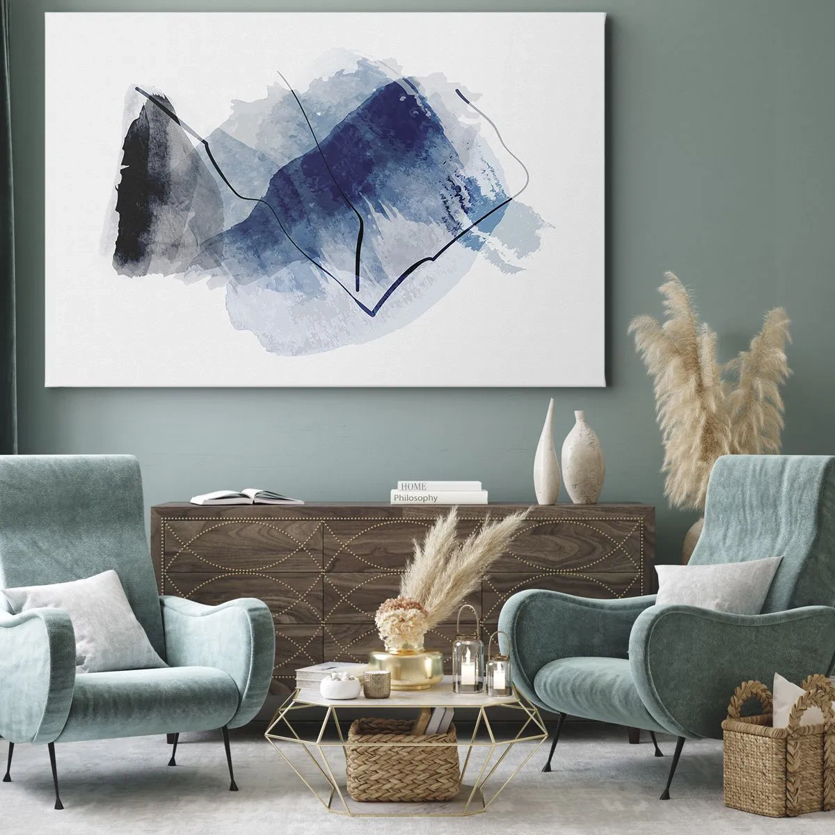 Tablou pe pânză Canvas - Forme abstracte în nuanțe de albastru cu linii delicate - 70x50cm - Iceberg - Decorațiune modernă pentru perete pentru living și dormitor ARTTOR