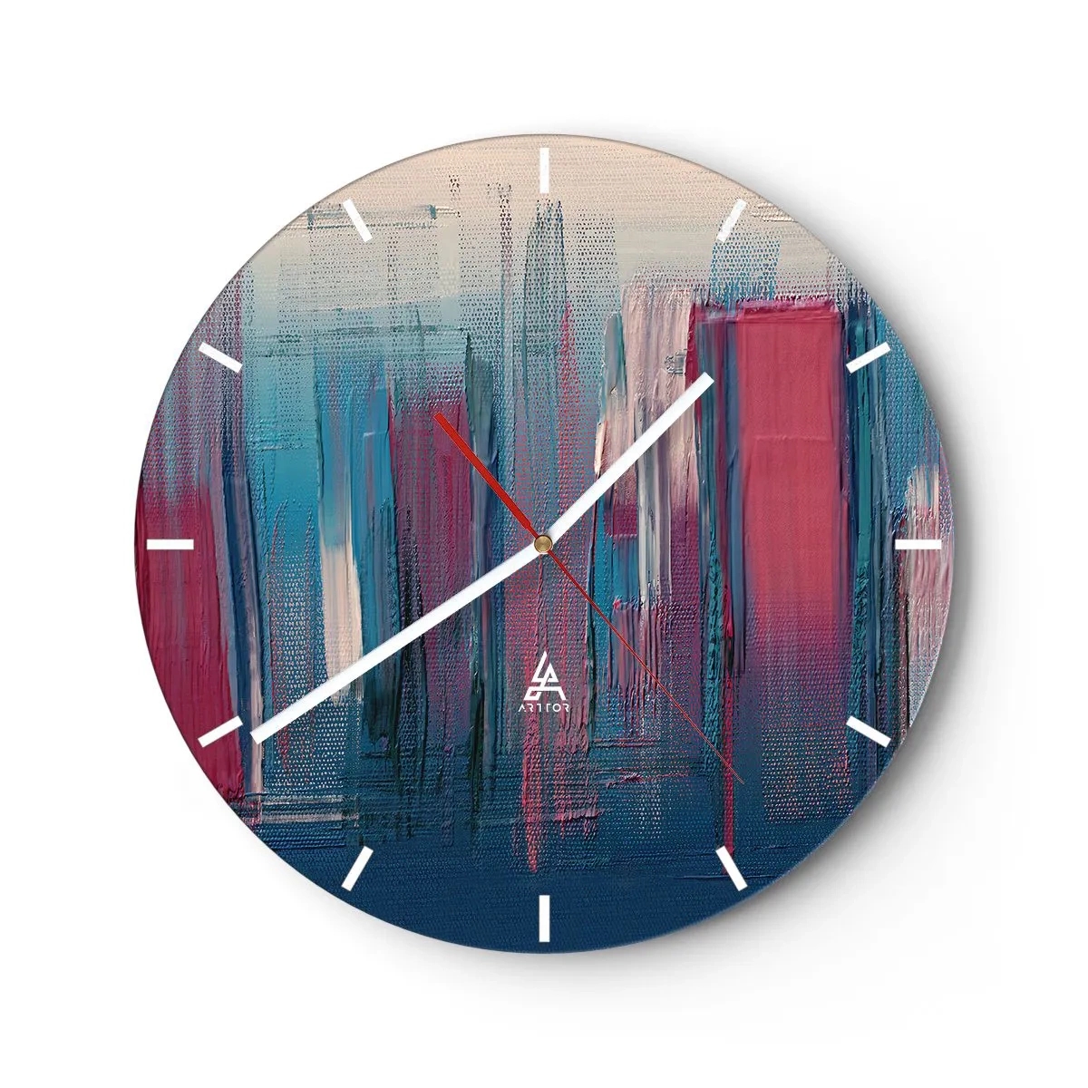 Ceas de perete - Ceas pe sticlă - Dungi verticale albastre și roșii într-un stil artistic - 30x30cm - Compoziție verticală în albastru și roșu - Decorațiune modernă pentru perete pentru living, bucătărie și dormitor ARTTOR