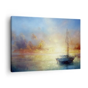 Tablou pe pânză Canvas - Un iaht pe o mare calmă la apus - 70x50cm - Într-un golf de aur - Decorațiune modernă pentru perete pentru living și dormitor ARTTOR