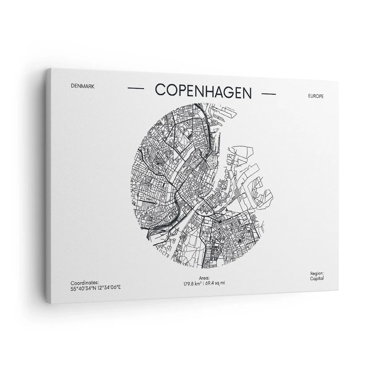 Tablou pe pânză Canvas - O hartă a Copenhagei într-un stil minimalist alb-negru. - 70x50cm - Anatomia Copenhagăi - Decorațiune modernă pentru perete pentru living și dormitor ARTTOR
