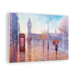 Tablou pe sticlă - Scenă londoneză în ploaie cu Big Ben și cutia roșie - 70x50cm - O zi de toamnă londoneză - Decorațiune modernă pentru perete pentru living și dormitor ARTTOR