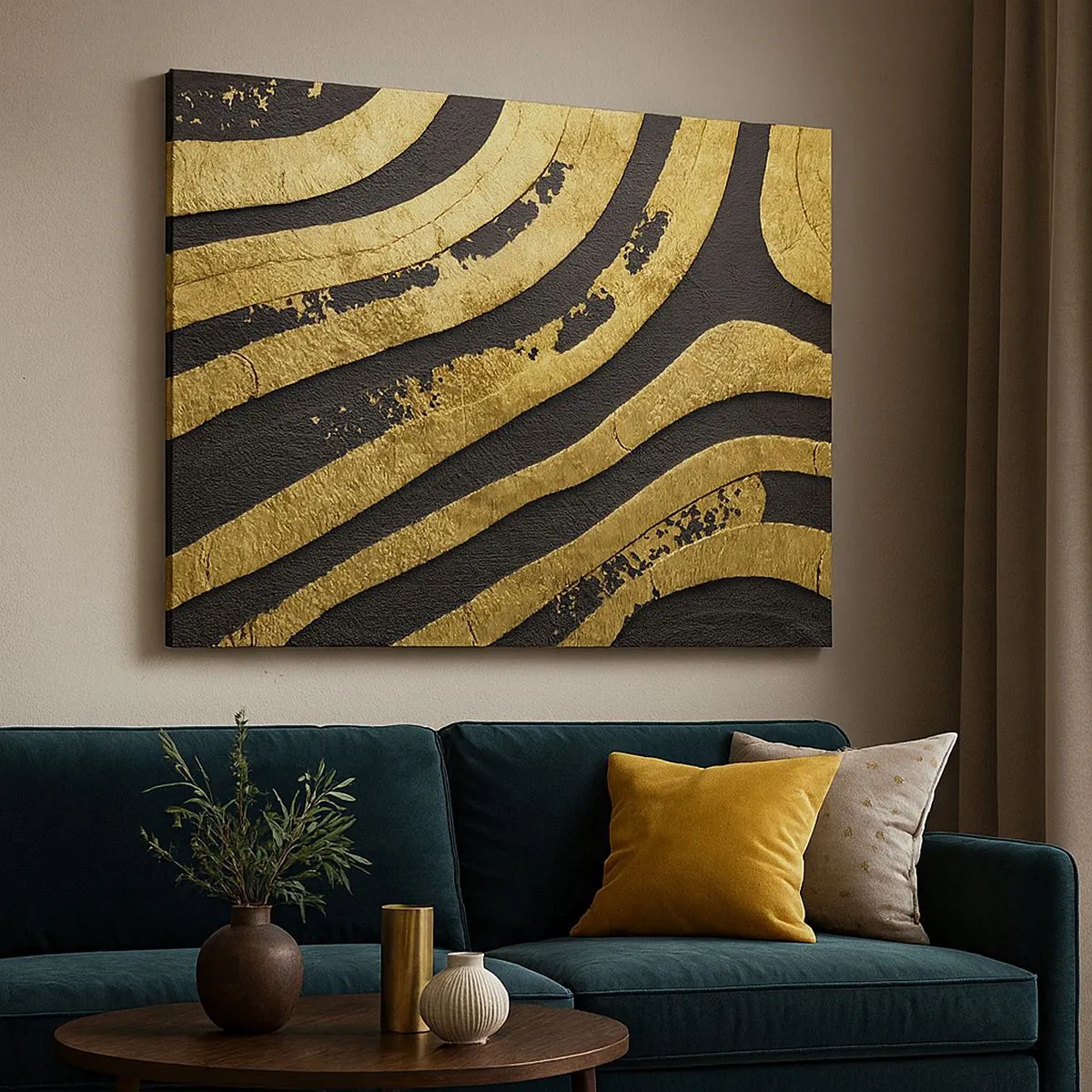 Tablou pe pânză Canvas - Valuri abstracte aurii pe fundal negru - 70x50cm - Totul curge - Decorațiune modernă pentru perete pentru living și dormitor ARTTOR