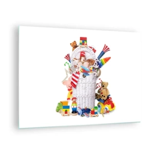 Tablou pe sticlă - Un coș plin de jucării colorate pe un fundal alb - 70x50cm - Comorile micuțului - Decorațiune modernă pentru perete pentru living și dormitor ARTTOR