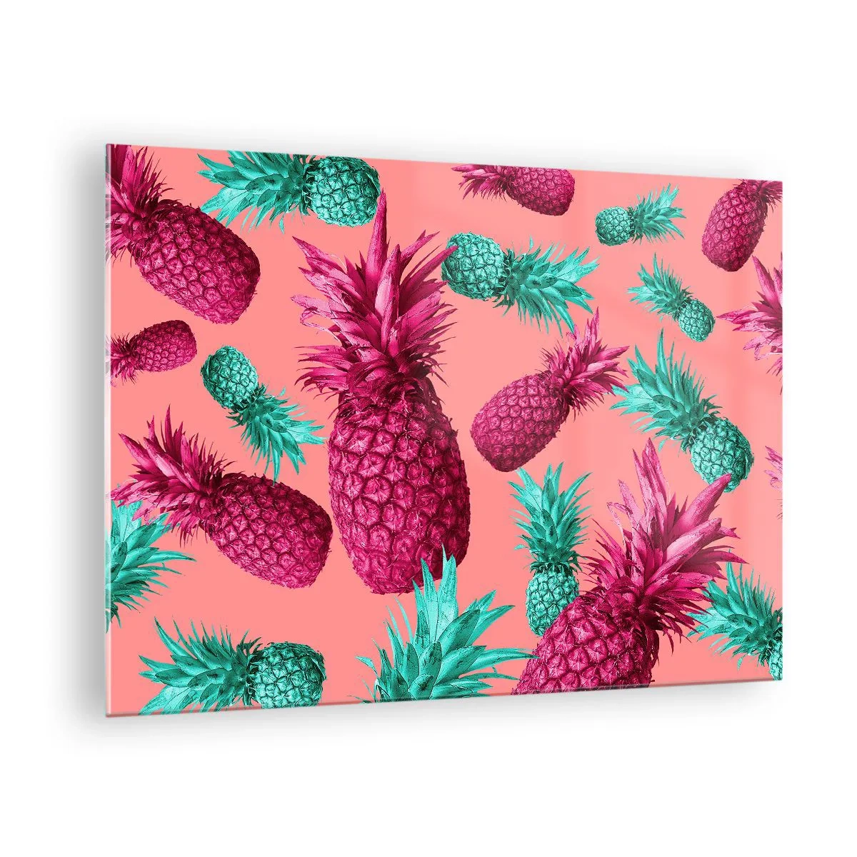 Tablou pe sticlă - Ananas colorat în nuanțe de roz și verde pe un fundal roz - 70x50cm - Libertatea e dulce - Decorațiune modernă pentru perete pentru living și dormitor ARTTOR