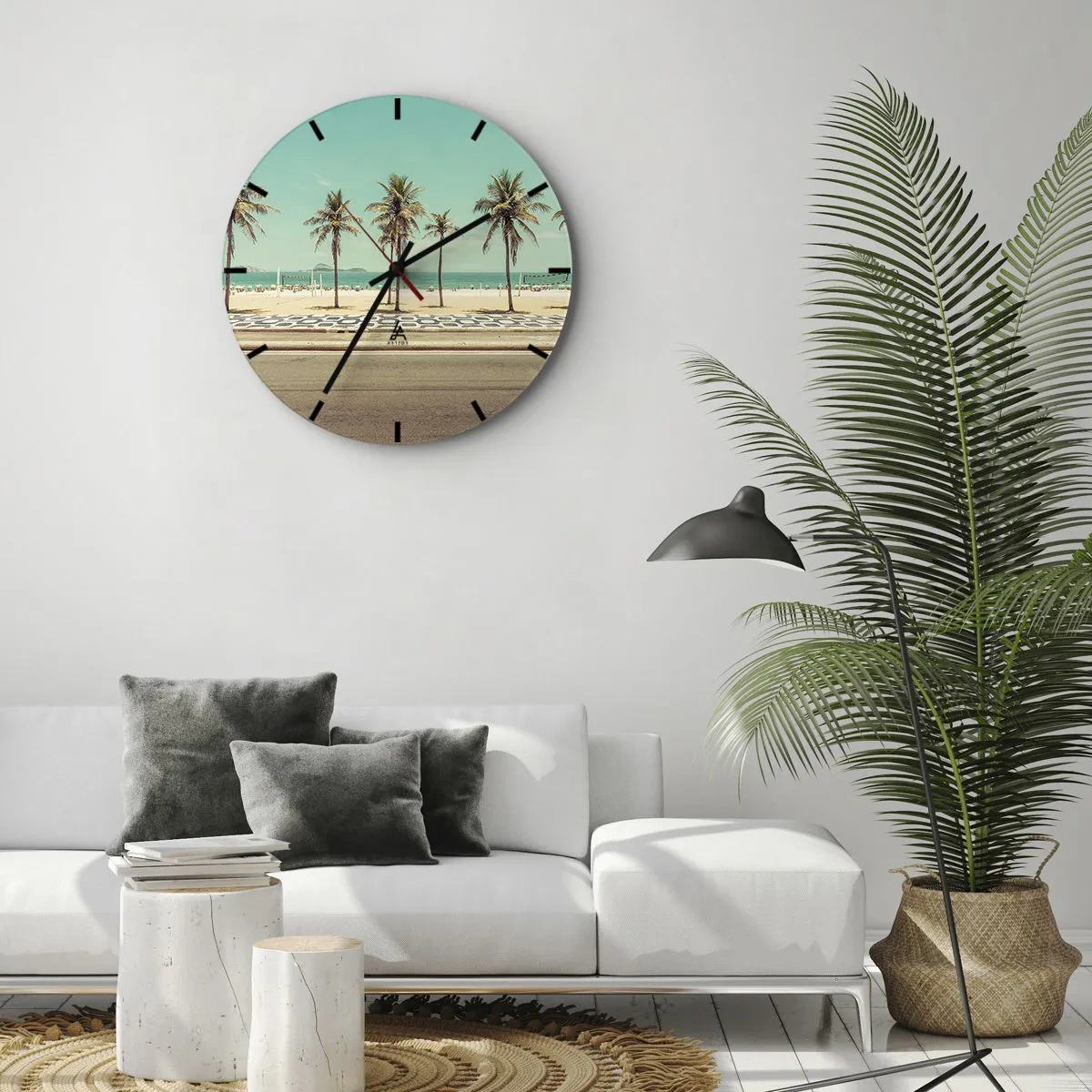 Ceas de perete - Ceas pe sticlă - Palmieri și o plajă cu o promenadă lângă marea turcoaz - 30x30cm - La paza plajei - Decorațiune modernă pentru perete pentru living, bucătărie și dormitor ARTTOR