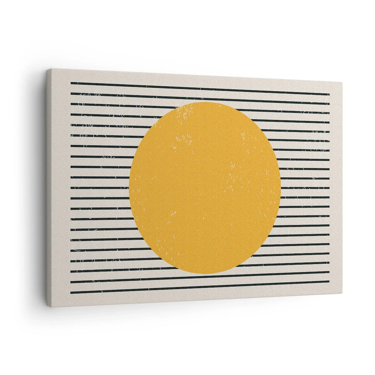 Tablou pe pânză Canvas - Un cerc galben pe un fundal de linii orizontale alb-negru - 70x50cm - Puterea simplității - Decorațiune modernă pentru perete pentru living și dormitor ARTTOR