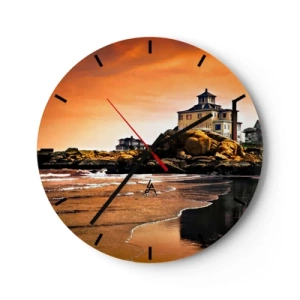 Ceas de perete - Ceas pe sticlă - O casă pe o coastă stâncoasă la apus - 30x30cm - Eleganța coastei de vest - Decorațiune modernă pentru perete pentru living, bucătărie și dormitor ARTTOR
