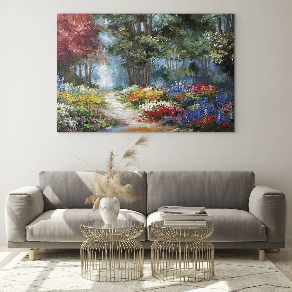 Tablou pe sticlă - Grădină de pădure, pădure de flori - 100x70 cm