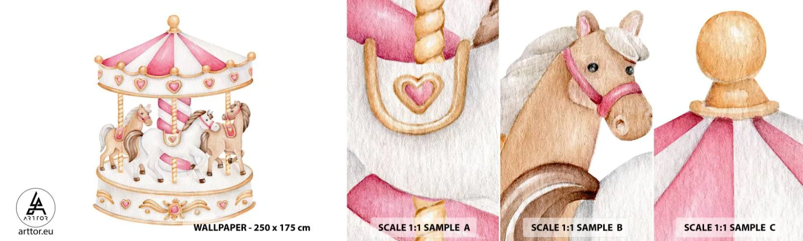 Mostră de Tapet Standard Eco - Lumea dulce a copilăriei - Carusele, Fetişcană, Cai - 100x30 cm