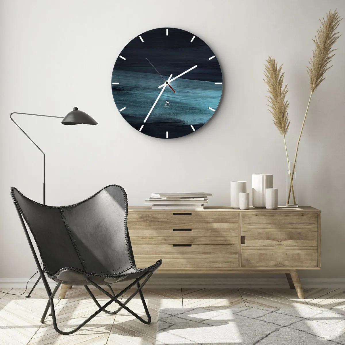 Ceas de perete - Ceas pe sticlă - Dungi abstracte în turcoaz și albastru marin care amintesc de apă - 30x30cm - Du-te cu fluxul - Decorațiune modernă pentru perete pentru living, bucătărie și dormitor ARTTOR