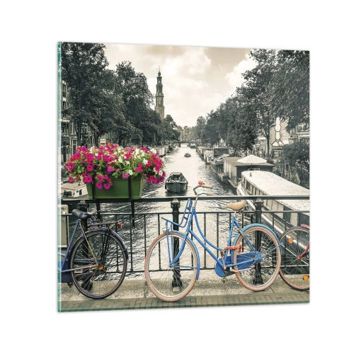 Tablou pe sticlă - Culorile unui canal din Amsterdam - 30x30 cm