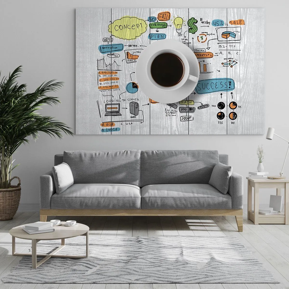 Tablou pe sticlă - O ceașcă de cafea pe un fundal de diagrame și desene conceptuale - 70x50cm - Timp pentru o pauză - Decorațiune modernă pentru perete pentru living și dormitor ARTTOR