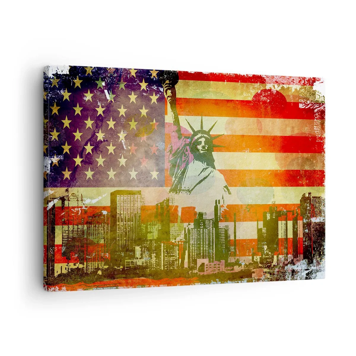 Tablou pe pânză Canvas - Statuia Libertății pe fundalul steagului american și al orizontului orașului - 70x50cm - Viva America! - Decorațiune modernă pentru perete pentru living și dormitor ARTTOR