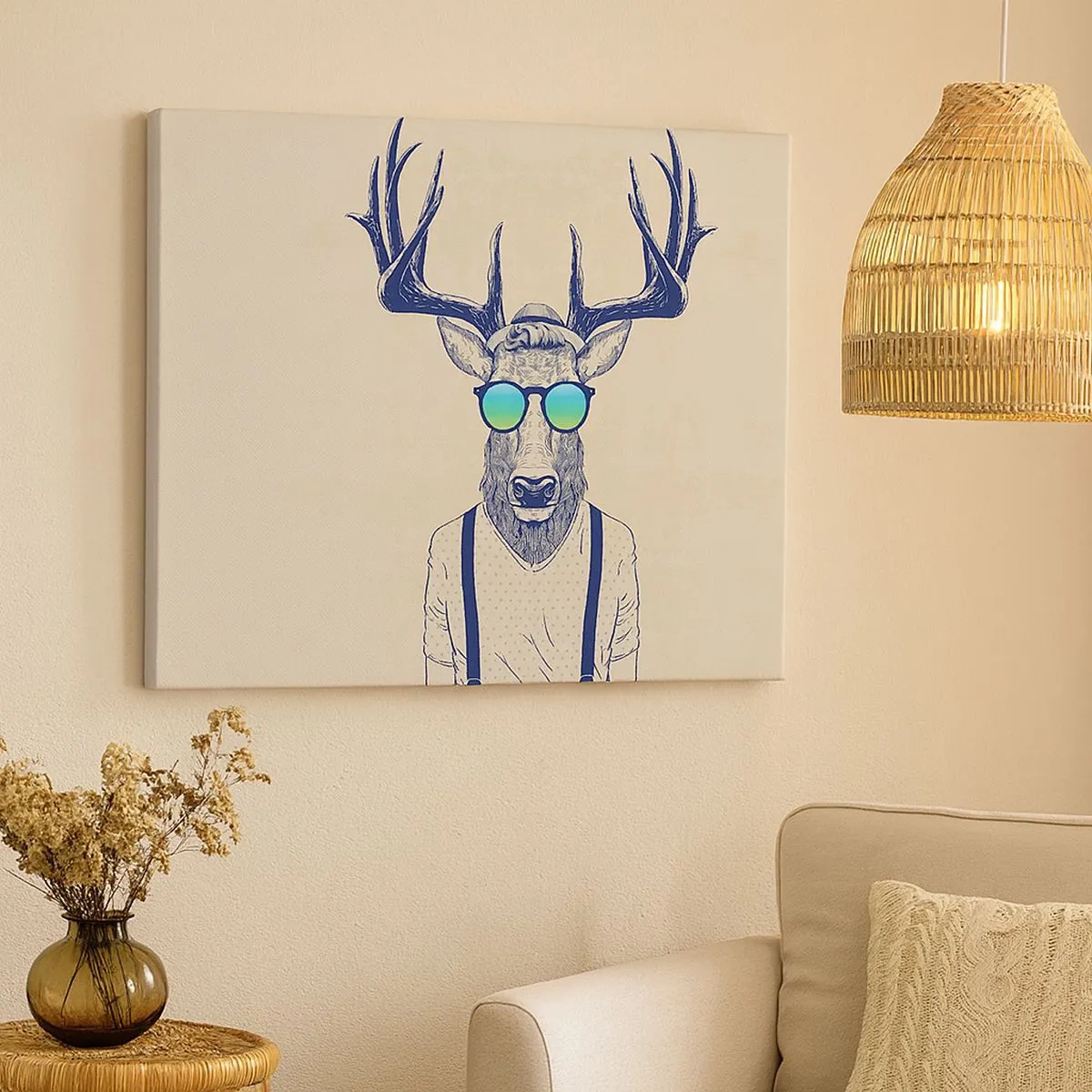 Tablou pe pânză Canvas - Cerb stilizat în ochelari de soare - 70x50cm - Și la cine te așteptai? - Decorațiune modernă pentru perete pentru living și dormitor ARTTOR