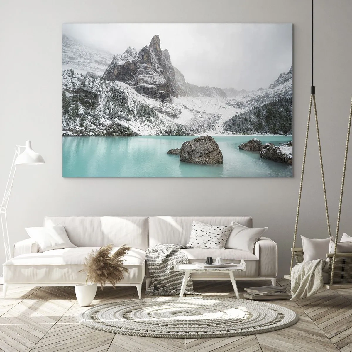 Tablou pe sticlă - Peisaj de iarnă cu un lac turcoaz - 70x50cm - De veghe - Decorațiune modernă pentru perete pentru living și dormitor ARTTOR