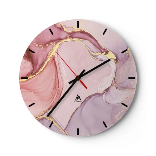 Ceas de perete - Ceas pe sticlă - Ceas abstract cu accente roz și aurii - 30x30cm - O mângâiere de culoare - Decorațiune modernă pentru perete pentru living, bucătărie și dormitor ARTTOR