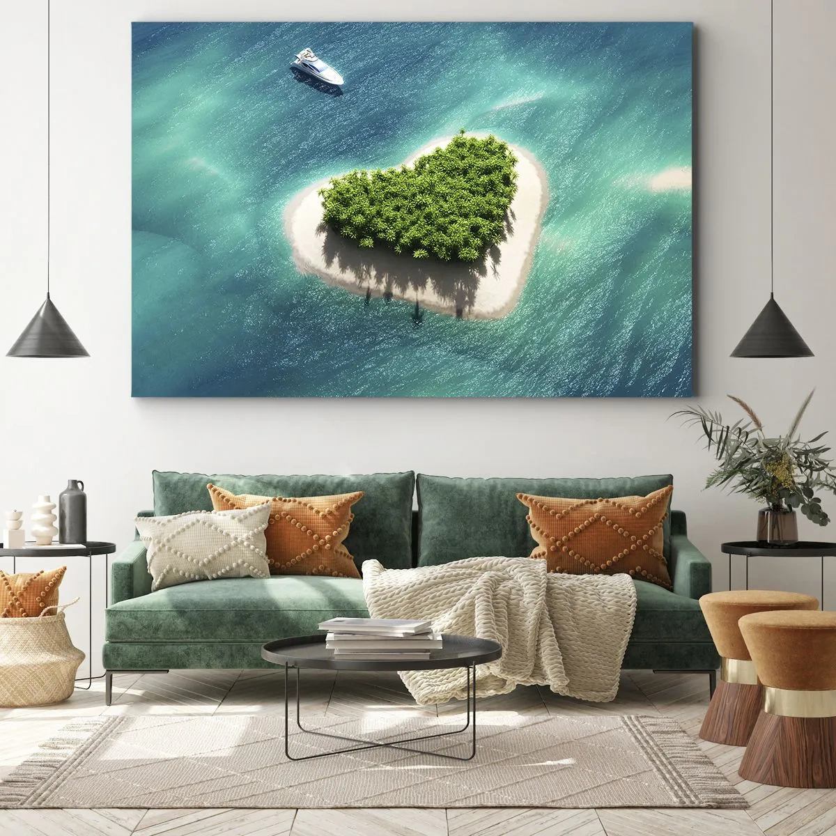 Tablou pe pânză Canvas - O insulă romantică în formă de inimă într-o mare turcoaz - 70x50cm - Iubesc vara - Decorațiune modernă pentru perete pentru living și dormitor ARTTOR