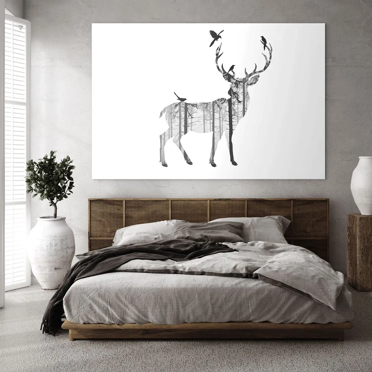 Tablou pe sticlă - Siluetă grafică a unui cerb cu motiv forestier și păsări - 70x50cm - Spiritul bun al pădurii - Decorațiune modernă pentru perete pentru living și dormitor ARTTOR
