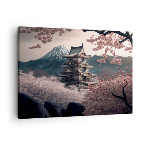 Tablou pe pânză Canvas - Un templu japonez înconjurat de flori de cireș și munți - 70x50cm - Țara florilor de cireș - Decorațiune modernă pentru perete pentru living și dormitor ARTTOR