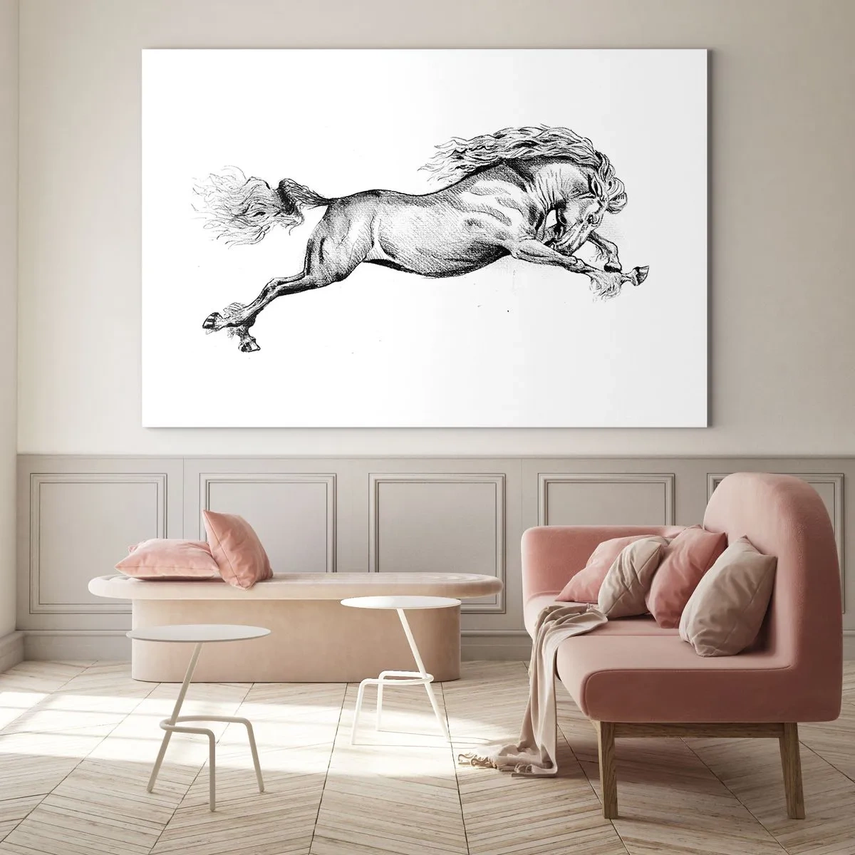 Tablou pe sticlă - Desen alb-negru al unui cal în galop - 70x50cm - Oprit din galop - Decorațiune modernă pentru perete pentru living și dormitor ARTTOR