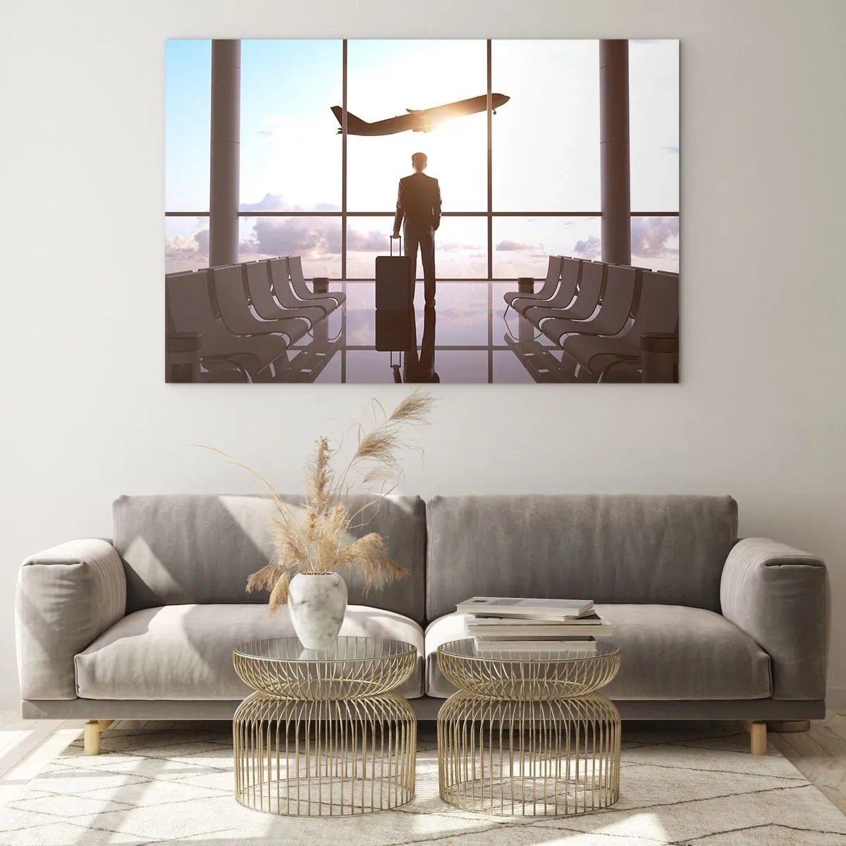 Tablou pe sticlă - Un bărbat cu o valiză la aeroport, privind un avion cum decolează. - 70x50cm - Ai timp, încetinește - Decorațiune modernă pentru perete pentru living și dormitor ARTTOR