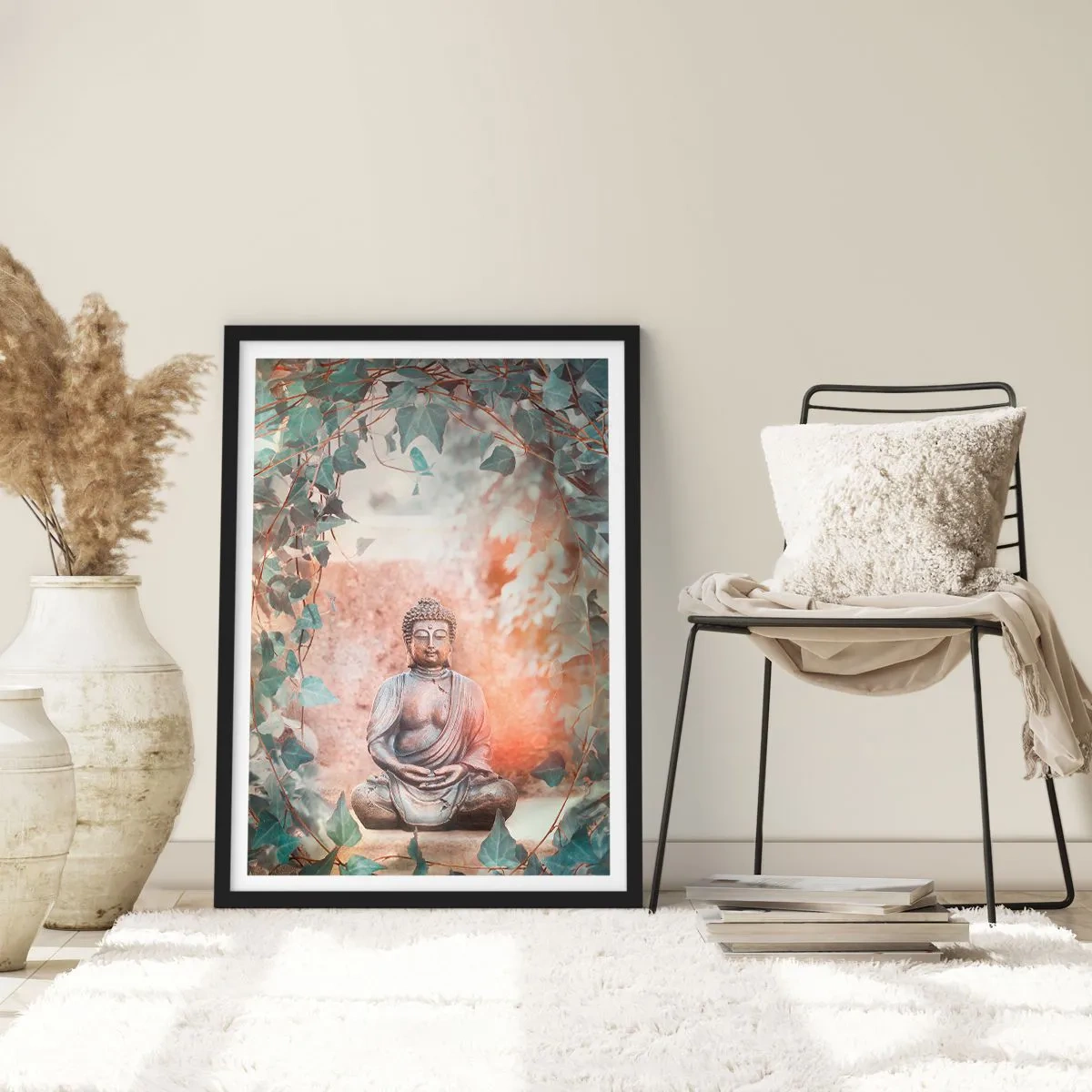 Poster în ramă neagră - O statuie a lui Buddha înconjurată de iederă într-o aură meditativă - 50x70cm - Armonie veselă - Decorațiune modernă pentru perete pentru living și dormitor ARTTOR