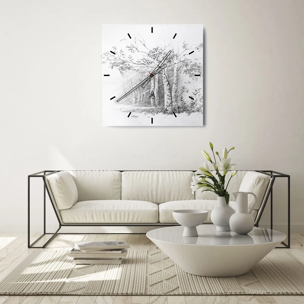 Ceas de perete - Ceas pe sticlă - Lumina pădurii de mesteceni - 30x30 cm