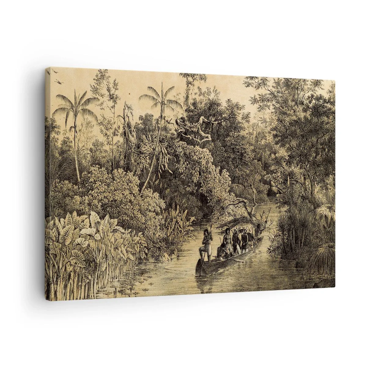 Tablou pe pânză Canvas - Desen al unei jungle cu o barcă pe un râu - 70x50cm - Călătorie la sursă - Decorațiune modernă pentru perete pentru living și dormitor ARTTOR
