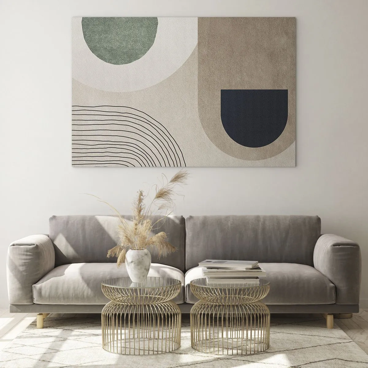 Tablou pe sticlă - Figuri geometrice abstracte în culori discrete - 70x50cm - Blândețea ovalului - Decorațiune modernă pentru perete pentru living și dormitor ARTTOR