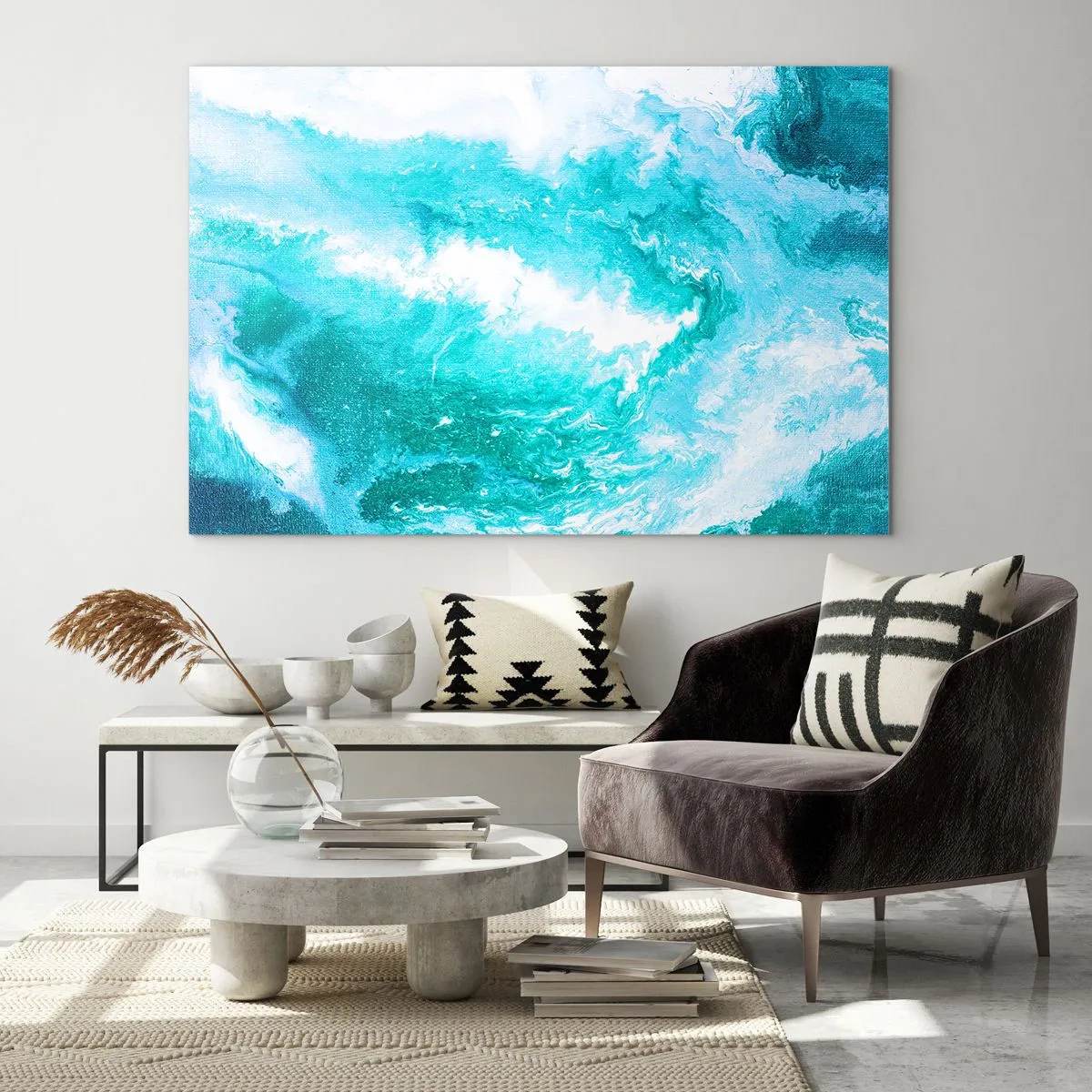 Tablou pe sticlă - O compoziție abstractă care înfățișează valuri și vârtejuri turcoaz. - 70x50cm - În nucleul elementului - Decorațiune modernă pentru perete pentru living și dormitor ARTTOR