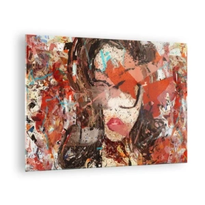 Tablou pe sticlă - Portret abstract al unei femei în nuanțe de roșu și bej - 70x50cm - Chiar nu știe nimeni cum ești tu - Decorațiune modernă pentru perete pentru living și dormitor ARTTOR