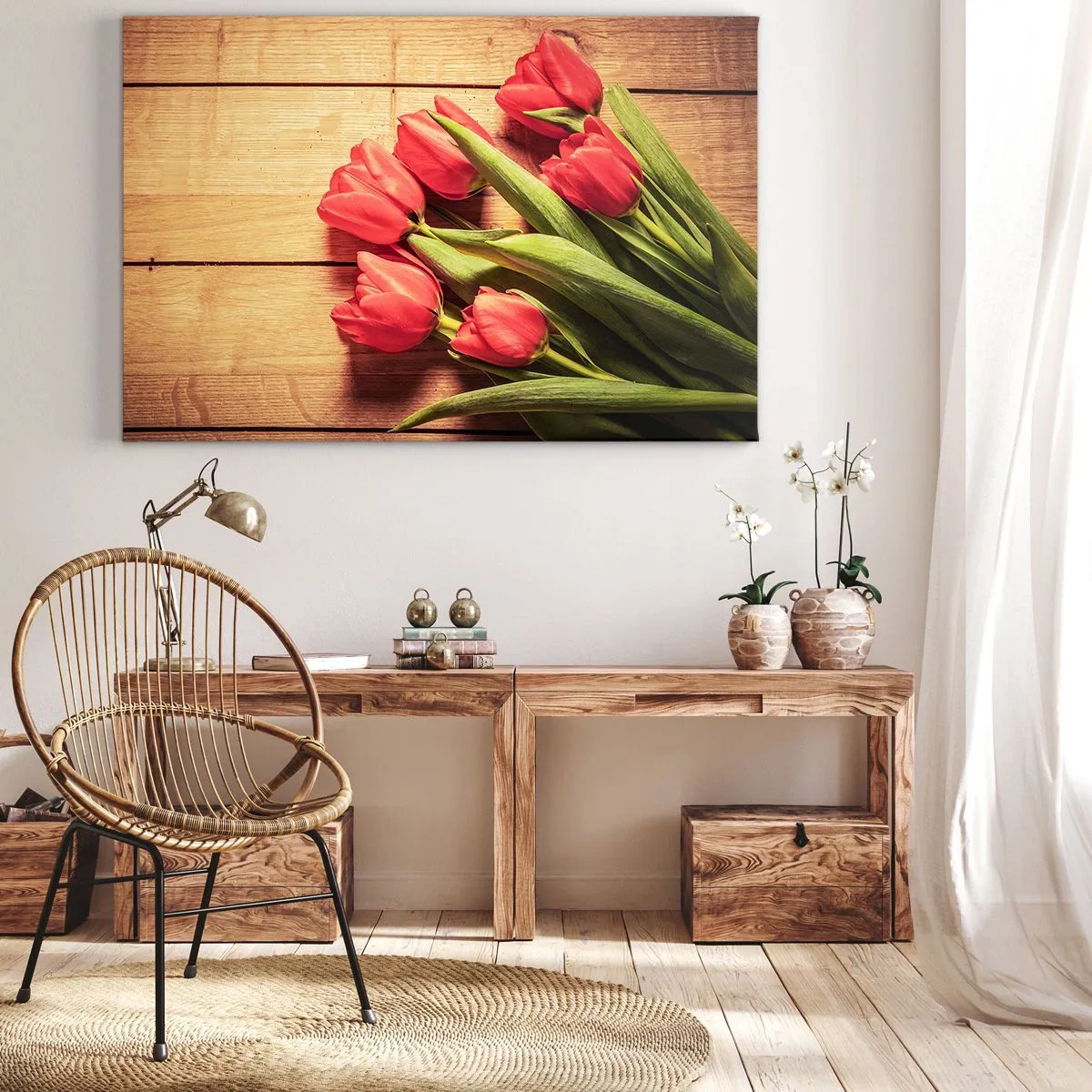 Tablou pe pânză Canvas - Un buchet de lalele roz pe un fundal de lemn - 70x50cm - Mărturisire de primăvară - Decorațiune modernă pentru perete pentru living și dormitor ARTTOR