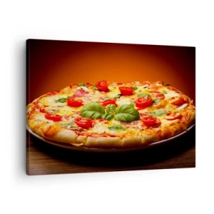 Tablou pe pânză Canvas - Pizza cu roșii și busuioc pe o masă de lemn - 70x50cm - Mamma mia! - Decorațiune modernă pentru perete pentru living și dormitor ARTTOR
