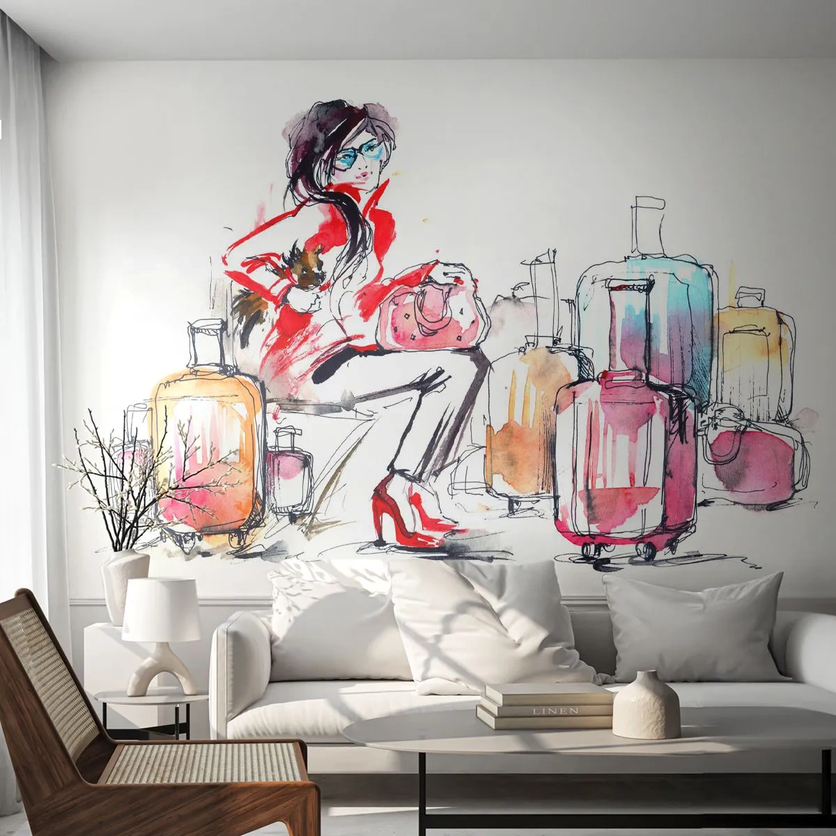 Tapet Standard Eco - Să ne așezăm înainte de călătorie - Femeie, excursie, Valiză - 500x350 cm