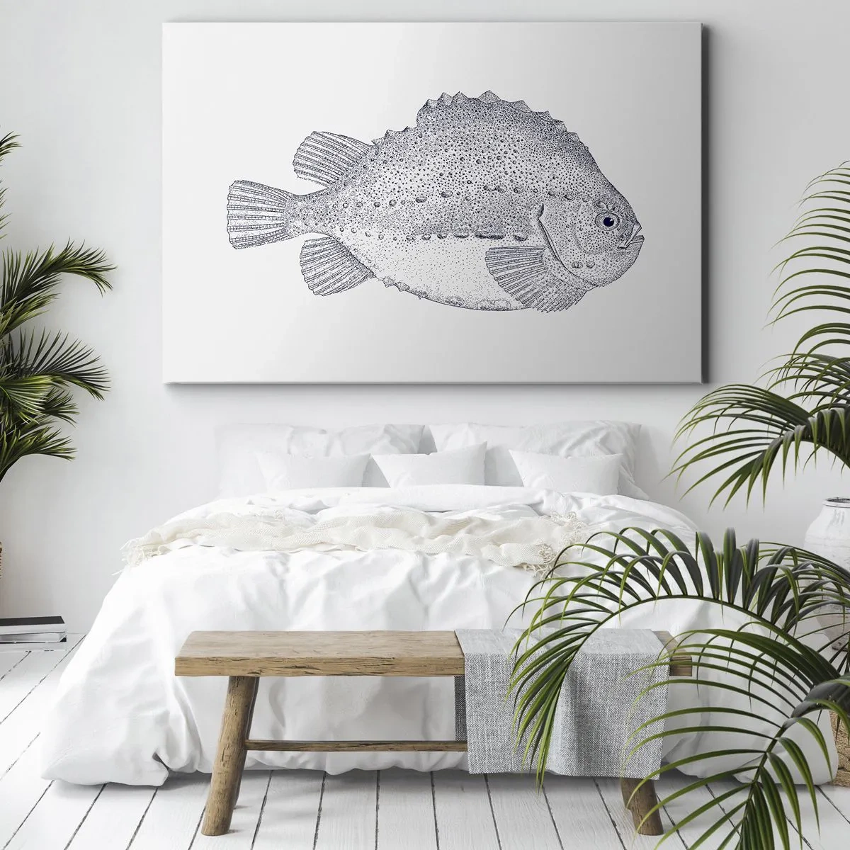 Tablou pe pânză Canvas - Desen alb-negru al unui pește pe fundal alb, în stil minimalist - 70x50cm - Pentru albumul naturalistului - Decorațiune modernă pentru perete pentru living și dormitor ARTTOR