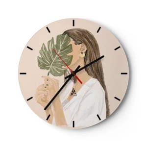 Ceas de perete - Ceas pe sticlă - O siluetă feminină ascunsă de o frunză de monstera pe un fundal deschis la culoare. - 30x30cm - Portret misterios cu un evantai - Decorațiune modernă pentru perete pentru living, bucătărie și dormitor ARTTOR