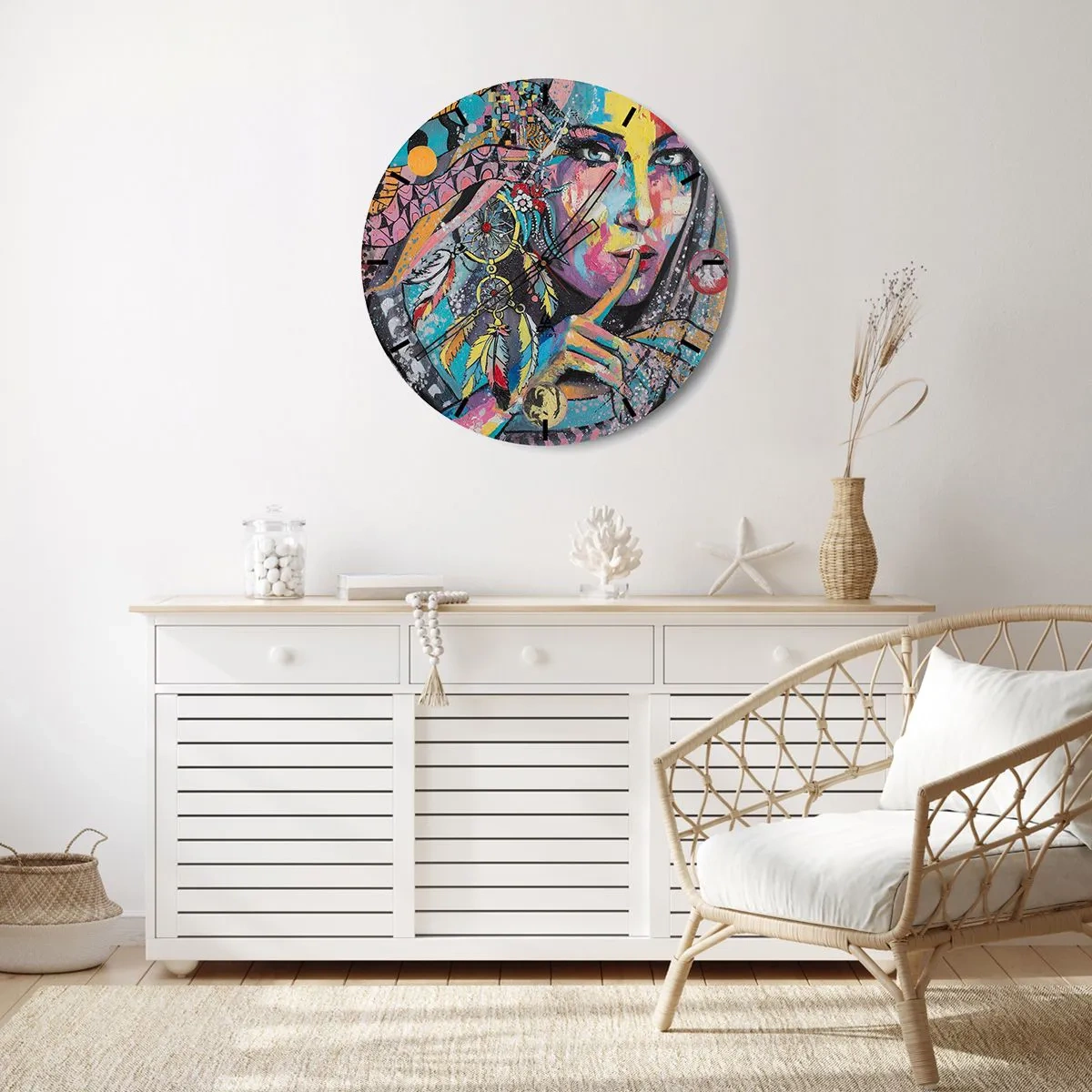 Ceas de perete - Ceas pe sticlă - Față colorată cu pene și model geometric - 30x30cm - Taci până când înțelegi - Decorațiune modernă pentru perete pentru living, bucătărie și dormitor ARTTOR