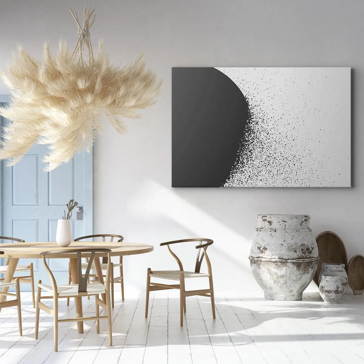Tablou pe pânză Canvas - Model abstract cu particule negre pe un fundal deschis - 70x50cm - Mișcarea particulelor - Decorațiune modernă pentru perete pentru living și dormitor ARTTOR