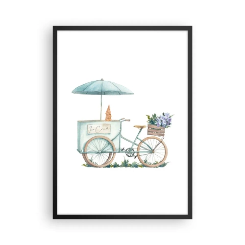 Poster în ramă neagră - Ilustrație în acuarelă a unei biciclete cu înghețată și flori - 50x70cm - O dulce amintire de vară - Decorațiune modernă pentru perete pentru living și dormitor ARTTOR