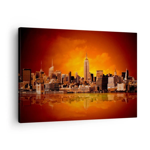 Tablou pe pânză Canvas - Panoramă a orașului la apus, cu clădiri reflectate în apă - 70x50cm - Panorama unui oraș mare în galben și maro - Decorațiune modernă pentru perete pentru living și dormitor ARTTOR